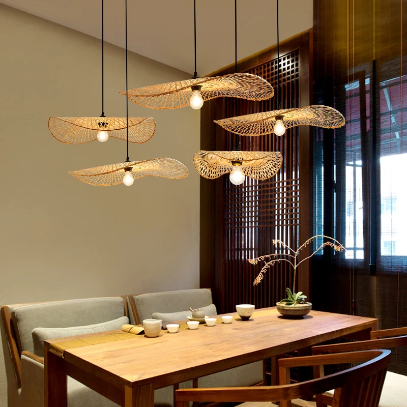 Houten Lotusblad-plafondlamp Moderne enkele bamboe hangende hanglamp voor restaurant Clearhalo