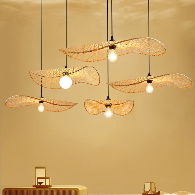 Houten Lotusblad-plafondlamp Moderne enkele bamboe hangende hanglamp voor restaurant Clearhalo