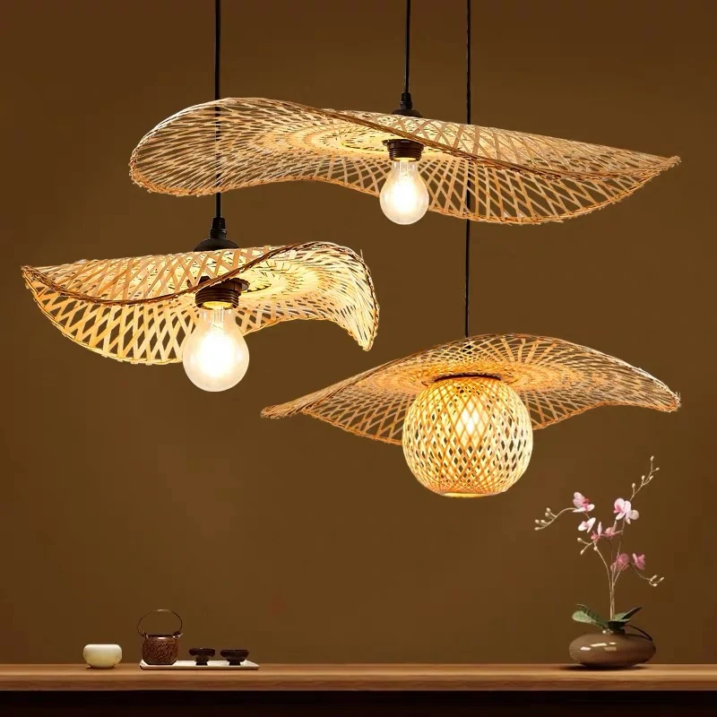 Houten Lotusblad-plafondlamp Moderne enkele bamboe hangende hanglamp voor restaurant Clearhalo