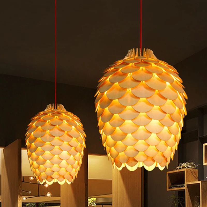 Houten Pine Cone Hanglamp Platteland 12"/15" W 1 Lichtbeige Hanglamp voor Eetkamer Clearhalo