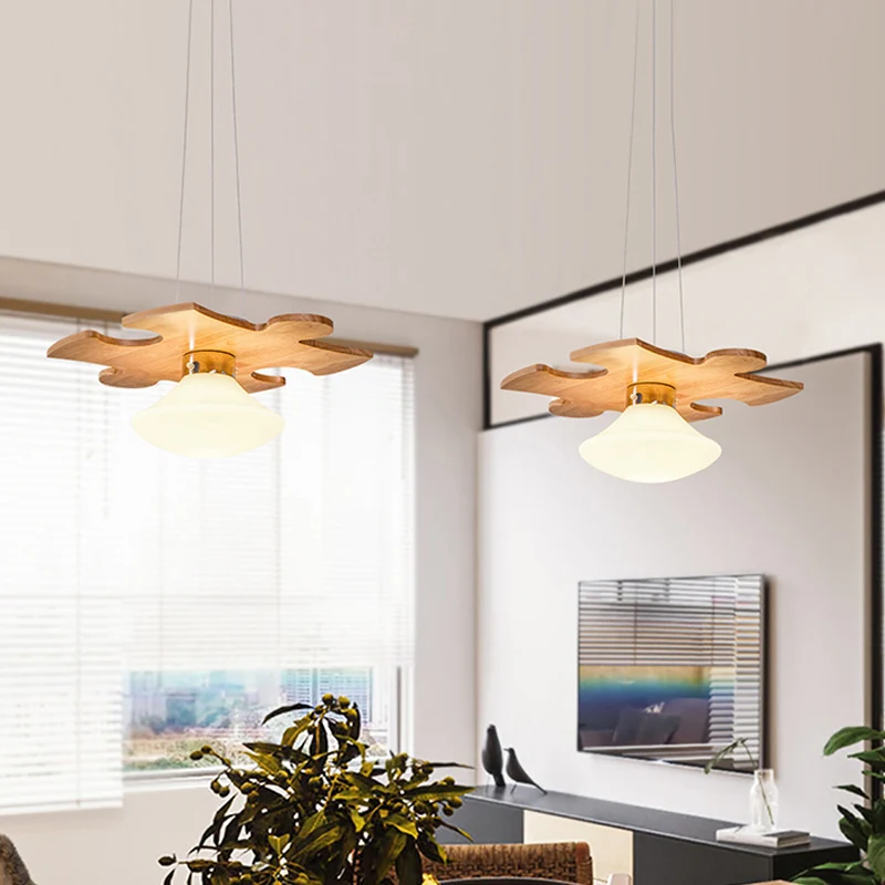 Houten puzzel hanglamp Modern 1-lichts hanglampset met paddestoelcrème glazen kap Clearhalo