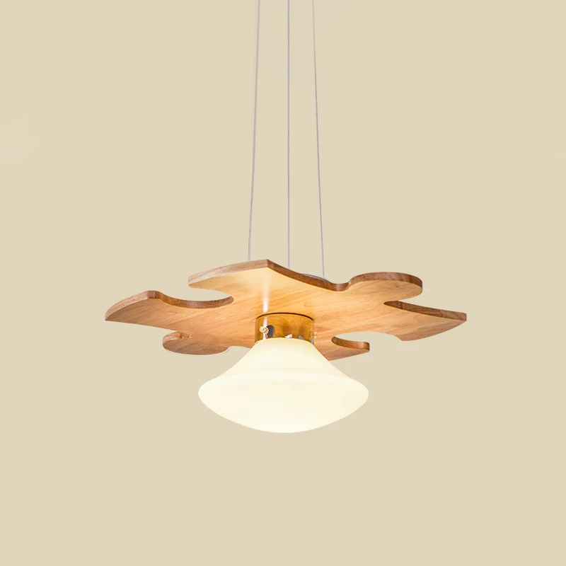 Houten puzzel hanglamp Modern 1-lichts hanglampset met paddestoelcrème glazen kap Clearhalo