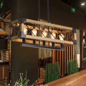 Houten rechthoekige eilandkroonluchter, lichte industriële woonkamerhanglamp beige Clearhalo