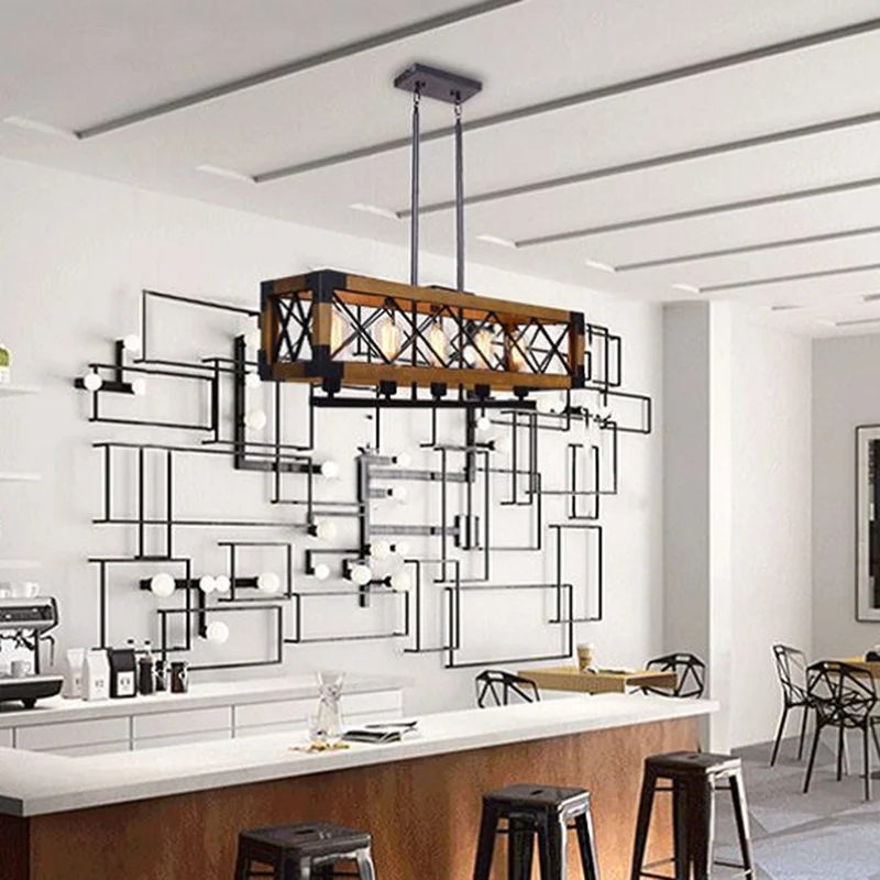 Houten rechthoekige eilandkroonluchter, lichte industriële woonkamerhanglamp beige Clearhalo