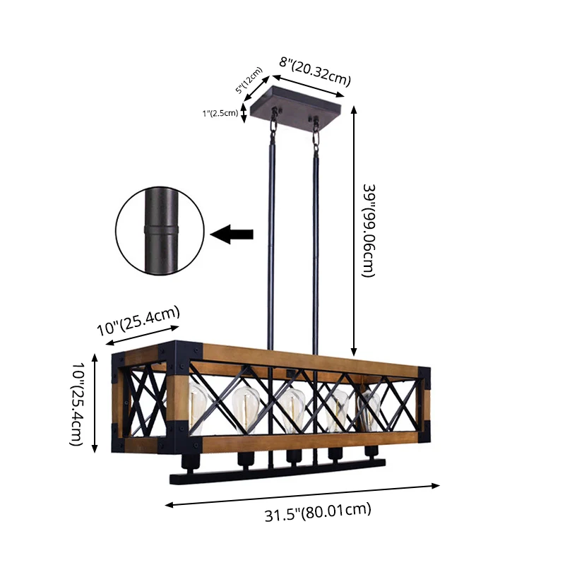 Houten rechthoekige eilandkroonluchter, lichte industriële woonkamerhanglamp beige Clearhalo