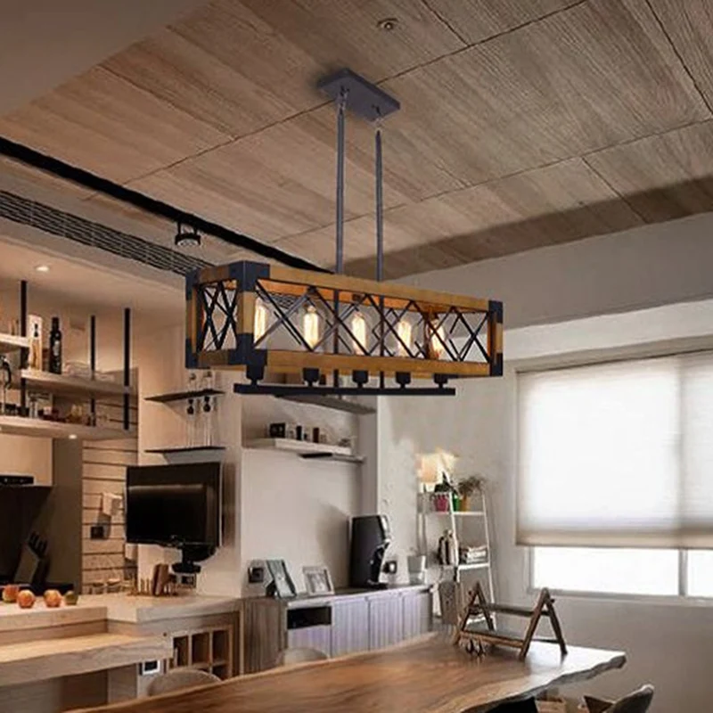 Houten rechthoekige eilandkroonluchter, lichte industriële woonkamerhanglamp beige Clearhalo