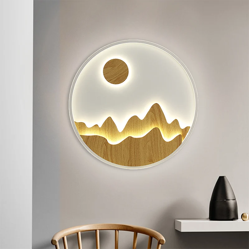 Houten ronde muurmuurlamp Azië berg en zon LED-wandverlichtingsideeën geel Clearhalo