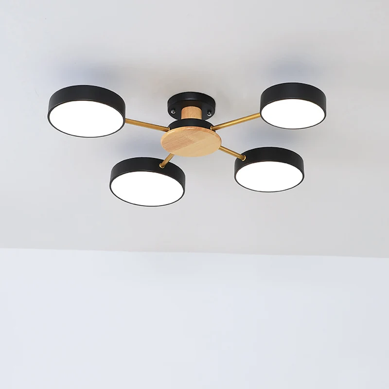 Houten ronde semi-inbouw plafondlamp modernisme 5 hoofden acryl semi-mount verlichting voor woonkamer Clearhalo