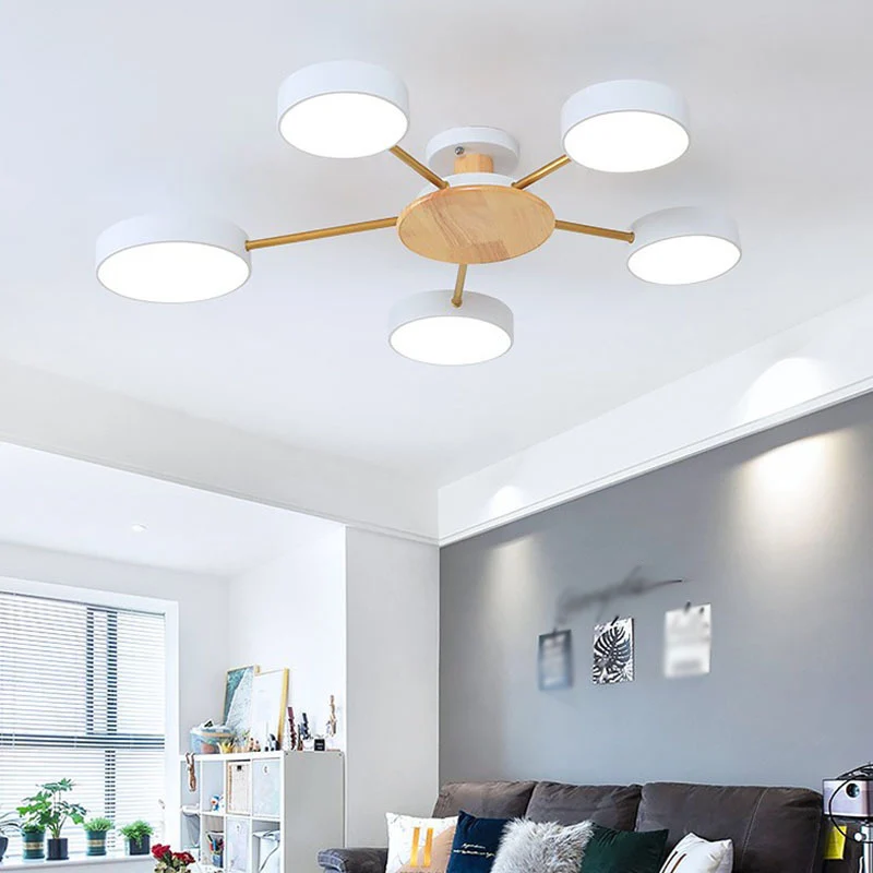 Houten ronde semi-inbouw plafondlamp modernisme 5 hoofden acryl semi-mount verlichting voor woonkamer Clearhalo