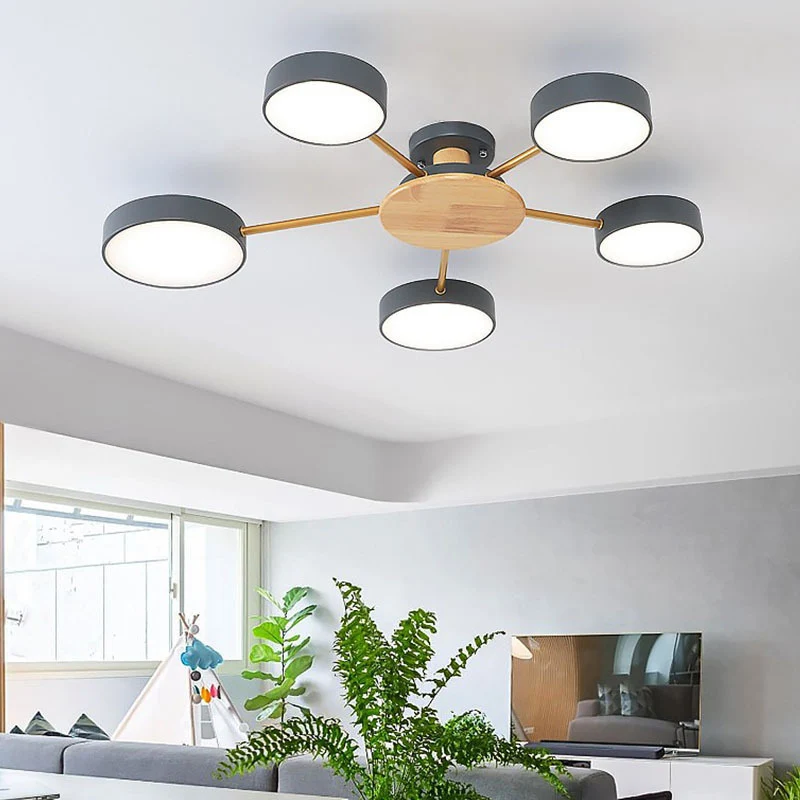 Houten ronde semi-inbouw plafondlamp modernisme 5 hoofden acryl semi-mount verlichting voor woonkamer Clearhalo