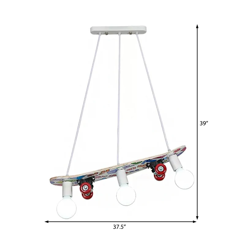 Houten skateboard hanglamp 3-lichts sportstijl kroonluchter voor kinderslaapkamer Clearhalo