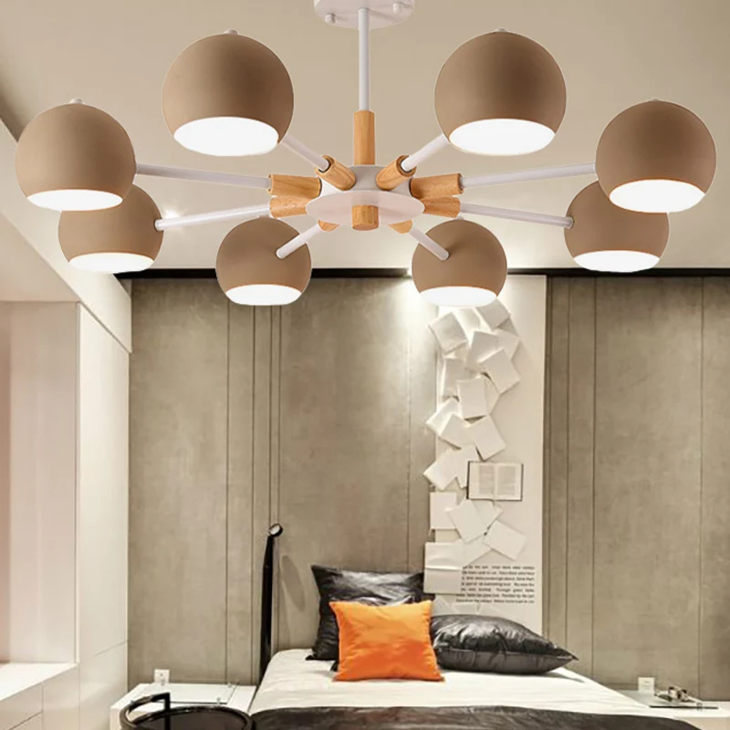 Houten sneeuwvlok hanglamp met bolschaduw Woonkamer 8-koppige Macaron-kroonluchter Clearhalo