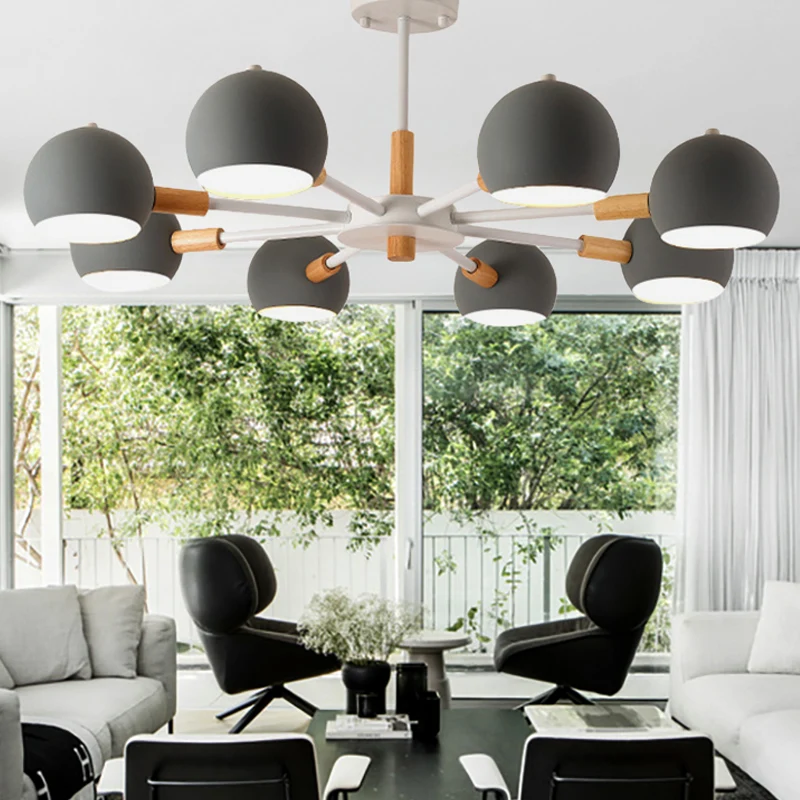 Houten sneeuwvlok hanglamp met bolschaduw Woonkamer 8-koppige Macaron-kroonluchter Clearhalo