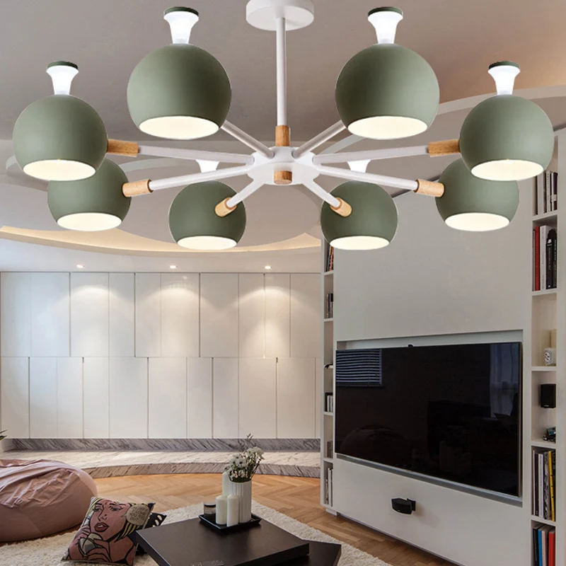 Houten sneeuwvlok-hanglamp met bolkap 8-lamps Macaron-kroonluchter voor de kleuterschool Clearhalo