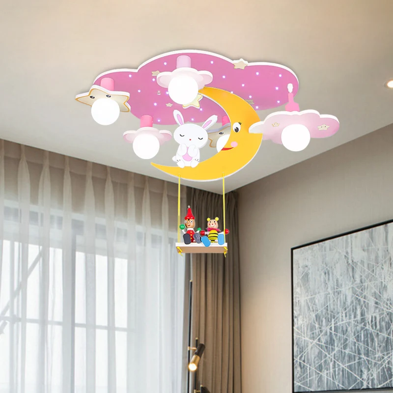 Houten sterrenhemel semi-inbouwlamp cartoon 5-kops roze/blauw en geel plafondlamp met konijn-deco Clearhalo