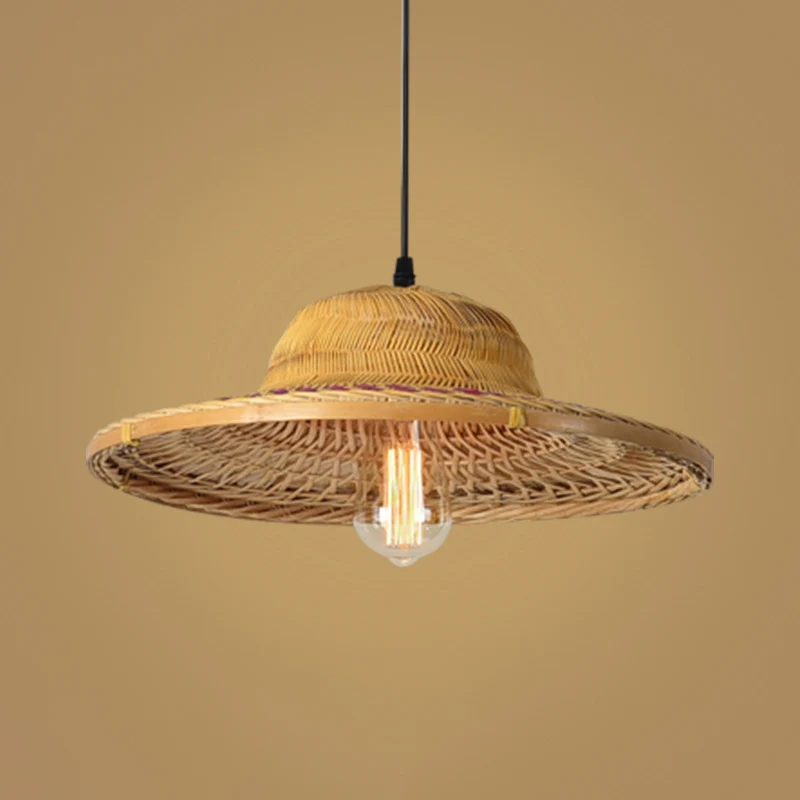 Houten strohoed hanglamp Eenvoud 1-lichts bamboe hangende verlichtingsarmatuur Clearhalo