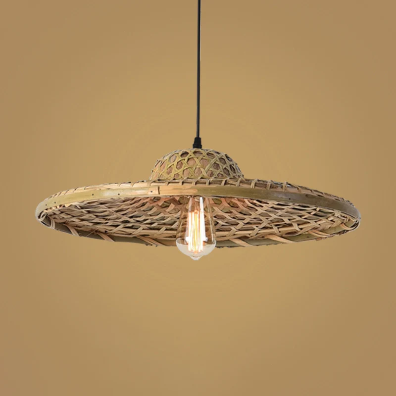 Houten strohoed hanglamp Eenvoud 1-lichts bamboe hangende verlichtingsarmatuur Clearhalo