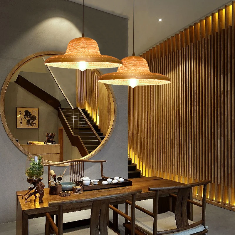 Houten strohoed hanglamp Eenvoud 1-lichts bamboe hangende verlichtingsarmatuur Clearhalo