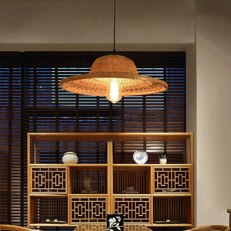 Houten strohoed hanglamp Eenvoud 1-lichts bamboe hangende verlichtingsarmatuur Clearhalo