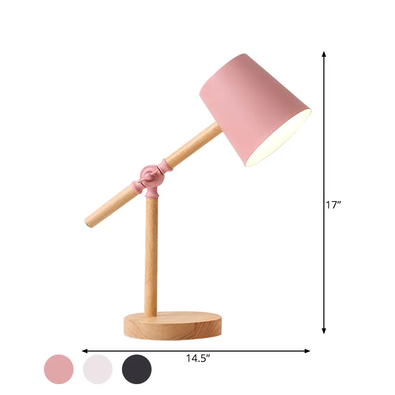Houten tafellamp met zwenkarm Nordic 1-lichts nachtkastje met tonvormige kap zwart/wit/roze Clearhalo