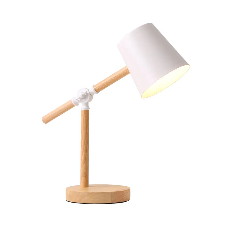 Houten tafellamp met zwenkarm Nordic 1-lichts nachtkastje met tonvormige kap zwart/wit/roze Clearhalo