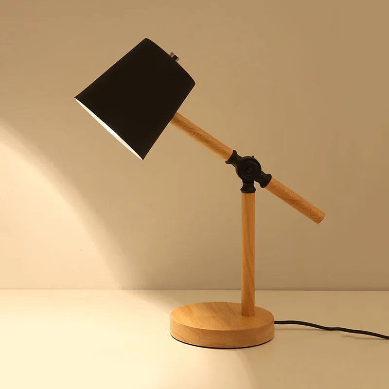 Houten tafellamp met zwenkarm Nordic 1-lichts nachtkastje met tonvormige kap zwart/wit/roze Clearhalo