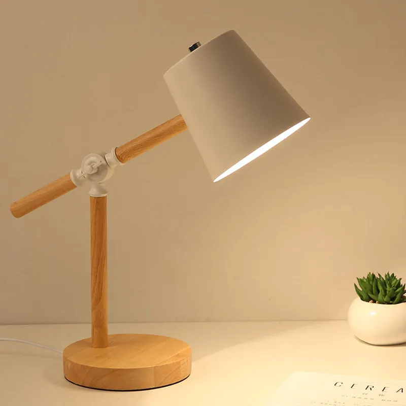 Houten tafellamp met zwenkarm Nordic 1-lichts nachtkastje met tonvormige kap zwart/wit/roze Clearhalo
