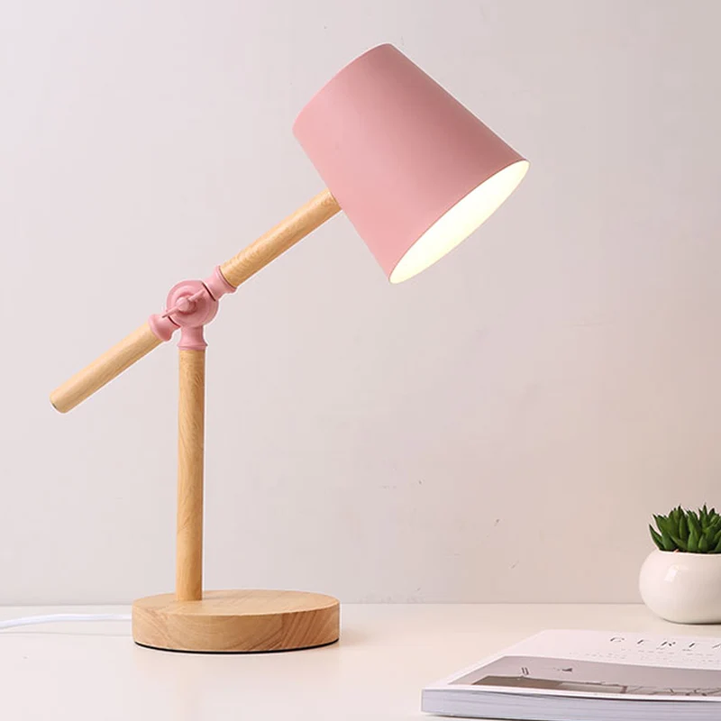 Houten tafellamp met zwenkarm Nordic 1-lichts nachtkastje met tonvormige kap zwart/wit/roze Clearhalo