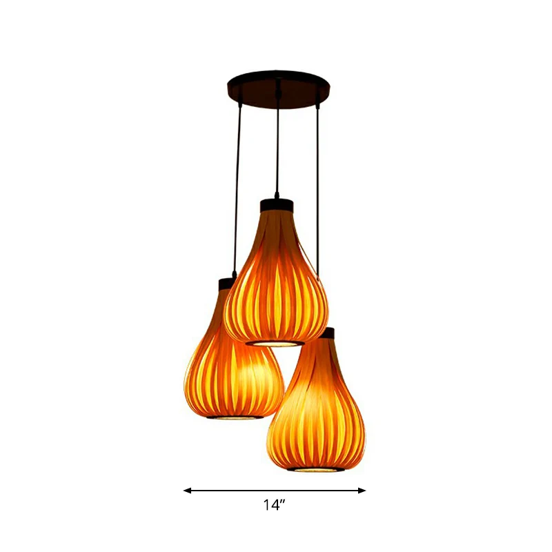 Houten Teardrop Cluster hanglamp Aziatische 3-koppige hangende plafondlamp voor restaurant Clearhalo