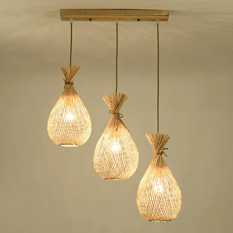 Houten traanvormige hangende lamp Cottage 3-kops bamboe cluster hanglamp Clearhalo