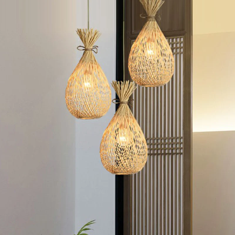Houten traanvormige hangende lamp Cottage 3-kops bamboe cluster hanglamp Clearhalo