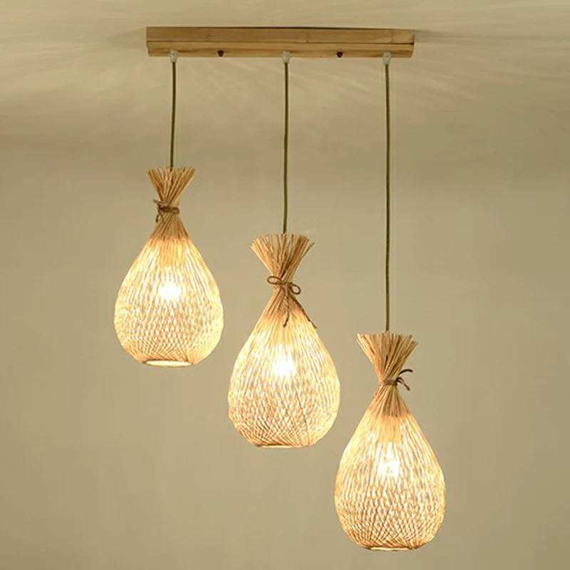 Houten traanvormige hangende lamp Cottage 3-kops bamboe cluster hanglamp Clearhalo