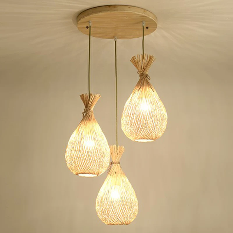 Houten traanvormige hangende lamp Cottage 3-kops bamboe cluster hanglamp Clearhalo