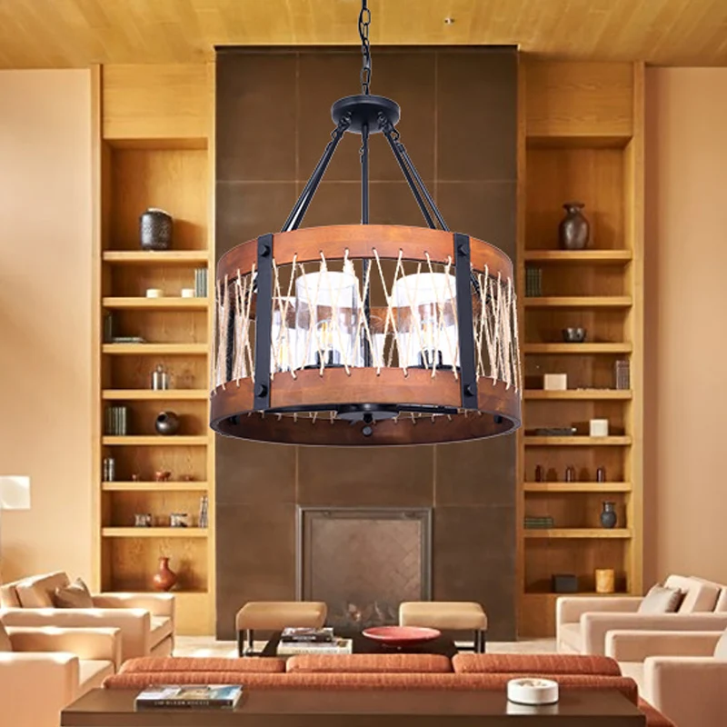 Houten trommel kroonluchterlamp boerderij 5-koppige woonkamer hangende plafondlamp bruin Clearhalo