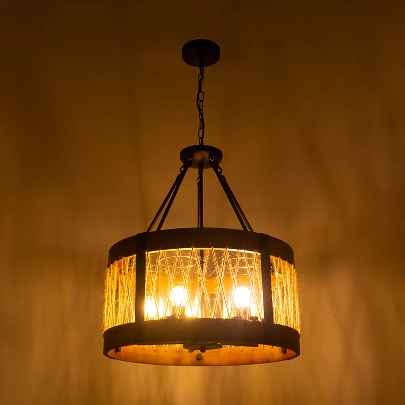 Houten trommel kroonluchterlamp boerderij 5-koppige woonkamer hangende plafondlamp bruin Clearhalo