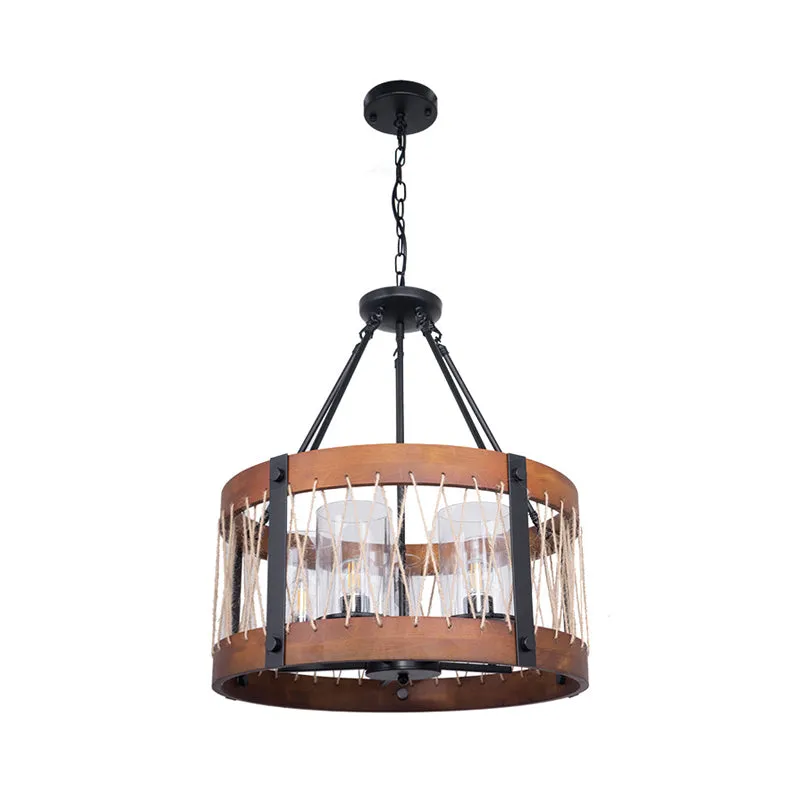 Houten trommel kroonluchterlamp boerderij 5-koppige woonkamer hangende plafondlamp bruin Clearhalo