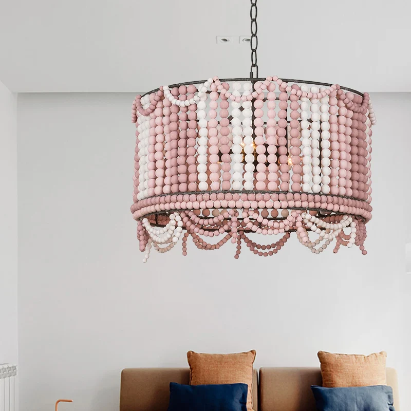 Houten trommel kroonluchterlamp retro 3 lampen wit/roze/blauw hangende verlichtingsarmatuur met verstelbare ketting Clearhalo
