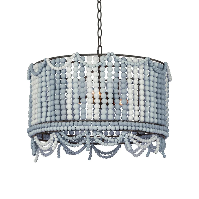 Houten trommel kroonluchterlamp retro 3 lampen wit/roze/blauw hangende verlichtingsarmatuur met verstelbare ketting Clearhalo
