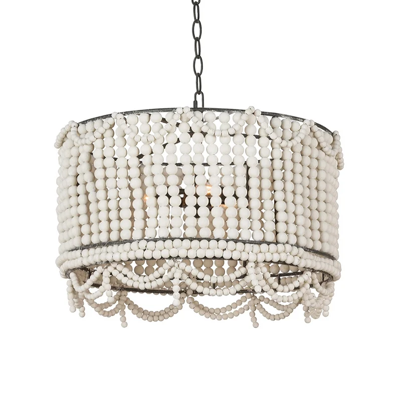 Houten trommel kroonluchterlamp retro 3 lampen wit/roze/blauw hangende verlichtingsarmatuur met verstelbare ketting Clearhalo