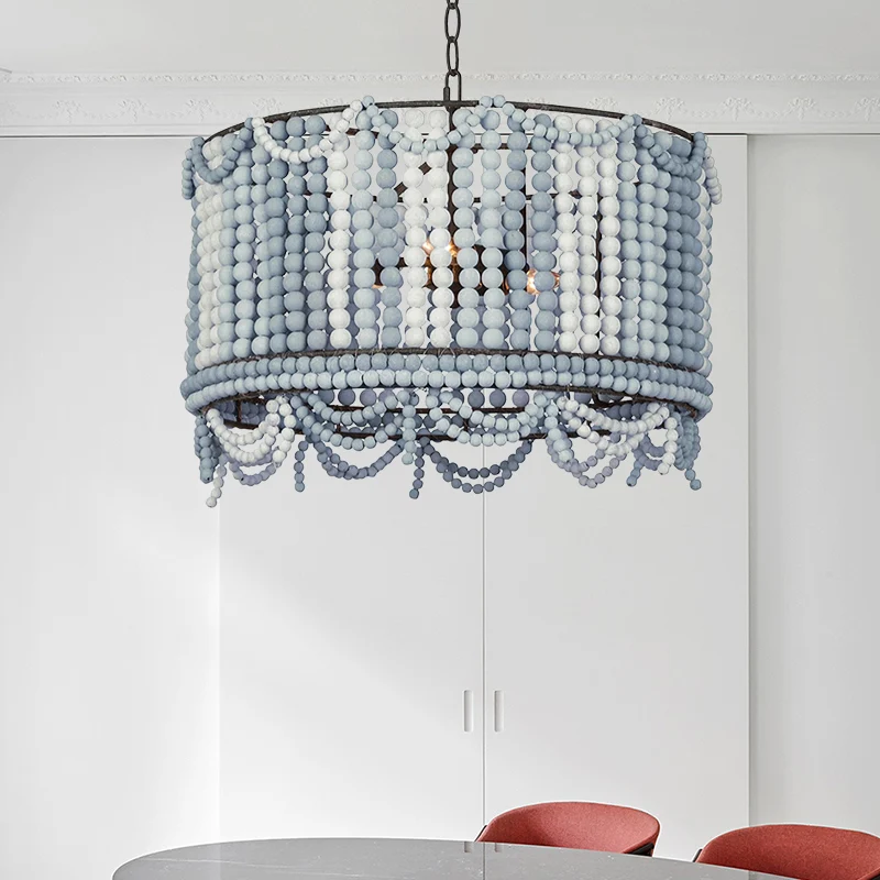 Houten trommel kroonluchterlamp retro 3 lampen wit/roze/blauw hangende verlichtingsarmatuur met verstelbare ketting Clearhalo
