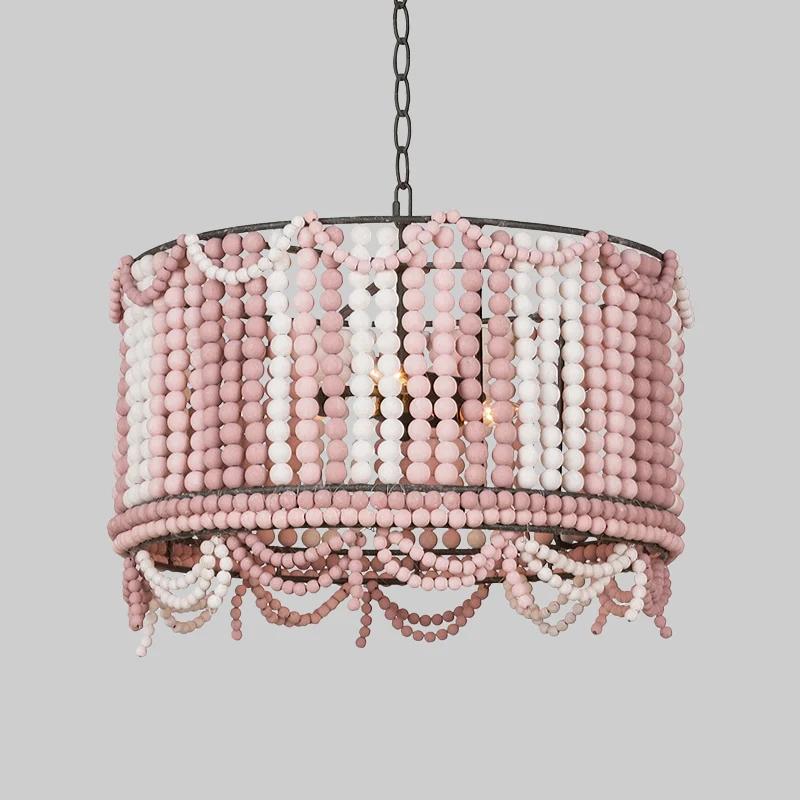 Houten trommel kroonluchterlamp retro 3 lampen wit/roze/blauw hangende verlichtingsarmatuur met verstelbare ketting Clearhalo