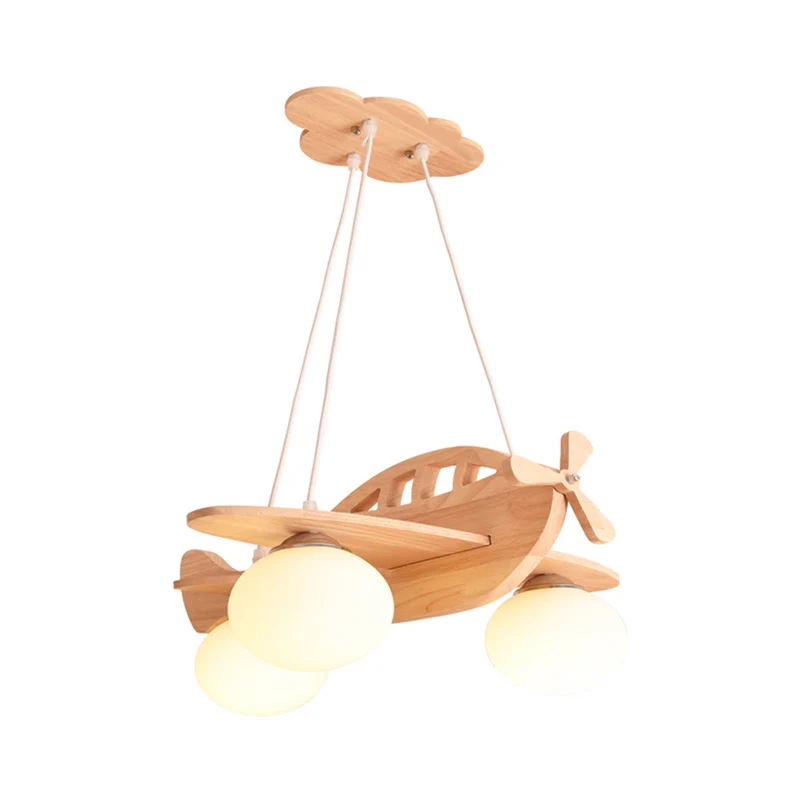 Houten vliegtuigvormige kroonluchter hanglamp eigentijds beige LED-plafondlamp met opaalglazen kap Clearhalo