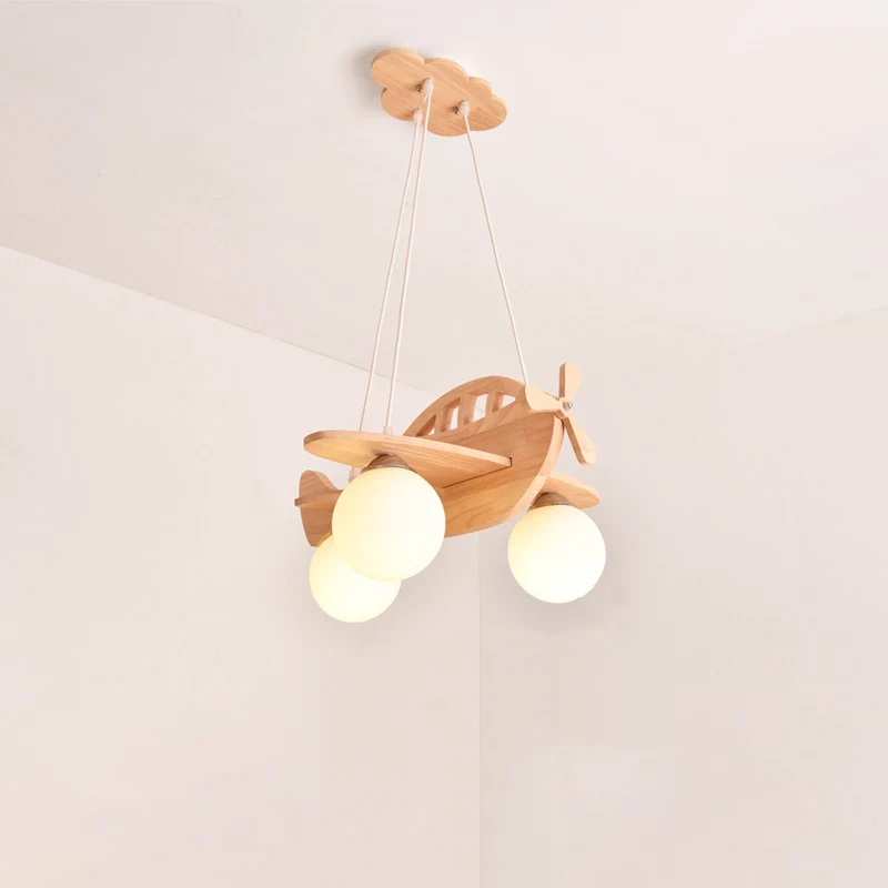 Houten vliegtuigvormige kroonluchter hanglamp eigentijds beige LED-plafondlamp met opaalglazen kap Clearhalo