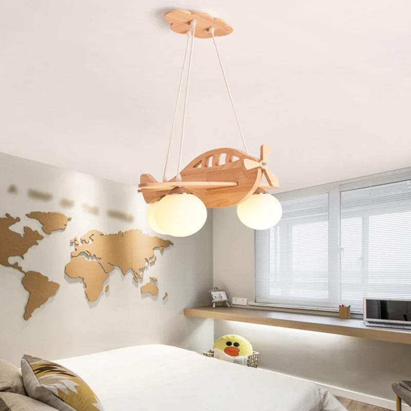Houten vliegtuigvormige kroonluchter hanglamp eigentijds beige LED-plafondlamp met opaalglazen kap Clearhalo