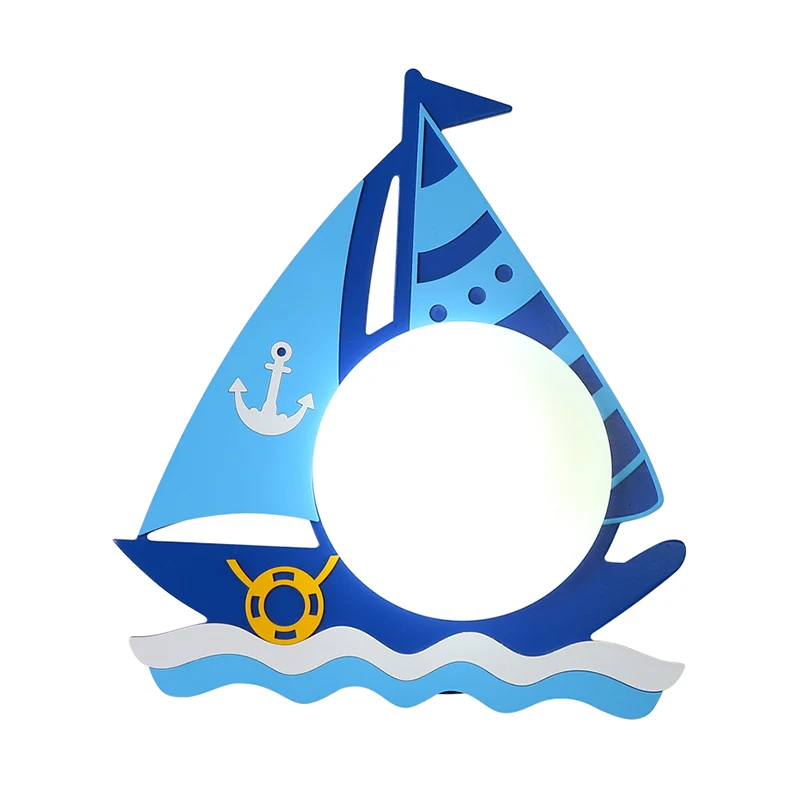 Houten zeilboot wandkandelaar voor kinderen, enkele kop, blauwe wandlamp met ronde glazen kap Clearhalo