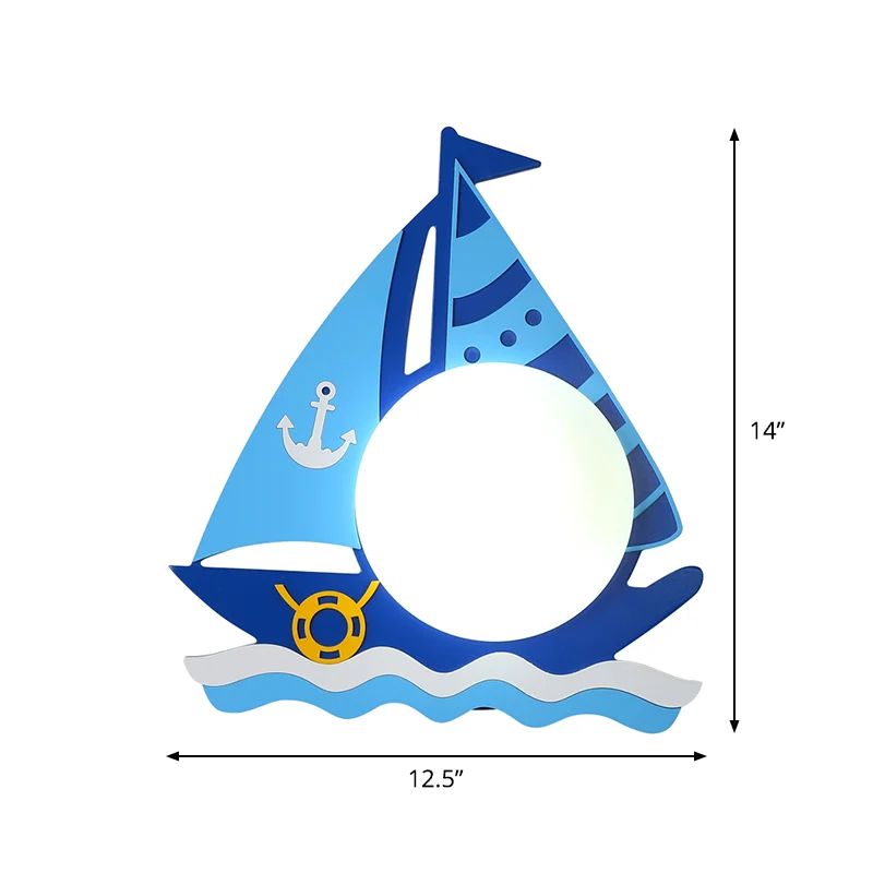 Houten zeilboot wandkandelaar voor kinderen, enkele kop, blauwe wandlamp met ronde glazen kap Clearhalo