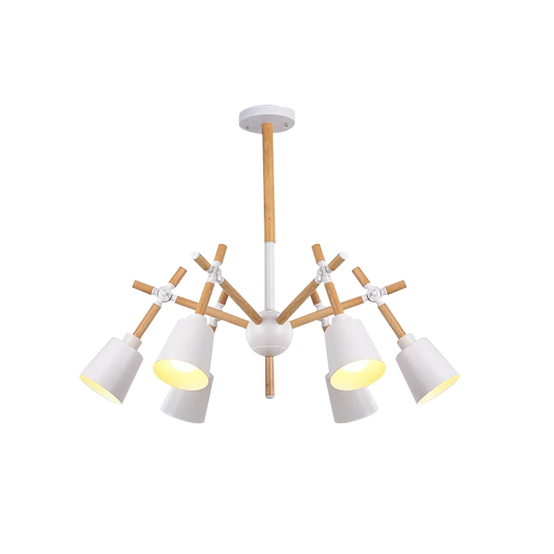 Houten zwenkarm kroonluchter licht Nordic 6 lampen zwart/wit plafondhanger met conische lampenkap Clearhalo