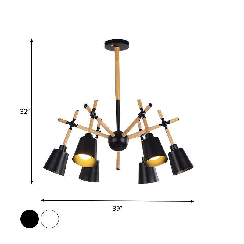 Houten zwenkarm kroonluchter licht Nordic 6 lampen zwart/wit plafondhanger met conische lampenkap Clearhalo
