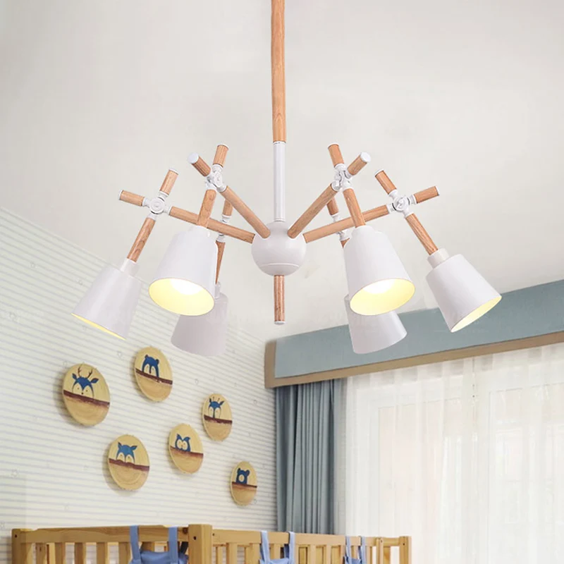 Houten zwenkarm kroonluchter licht Nordic 6 lampen zwart/wit plafondhanger met conische lampenkap Clearhalo