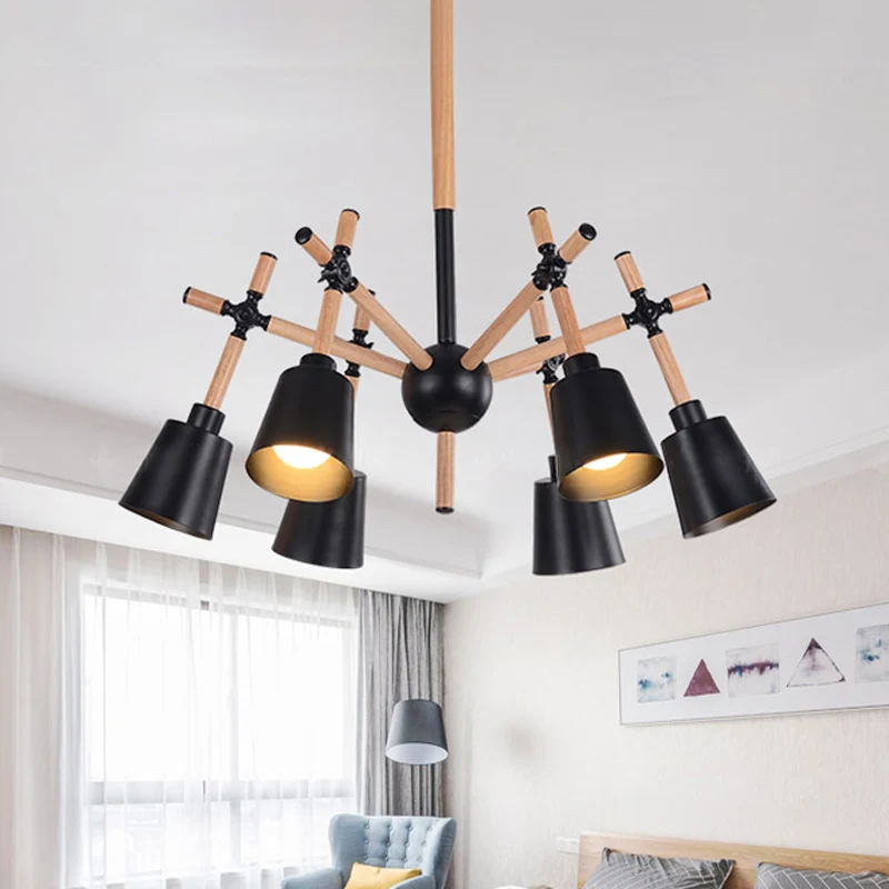 Houten zwenkarm kroonluchter licht Nordic 6 lampen zwart/wit plafondhanger met conische lampenkap Clearhalo